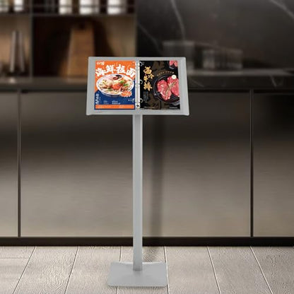 Vertical Flip Menu Display Stand, Floor Standing Sign Holder (Silver) | Sturdy Aluminum Alloy And Iron Frame, 45in Tall, 12.6" X 11" Non Slip Base. Ring Binder Holds Menus. Ideal For Restaurants - color: Silver