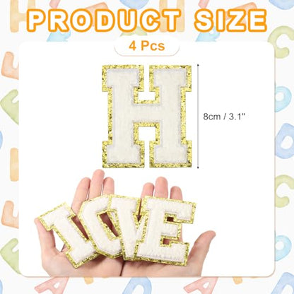 MECCANIXITY Chenille Letter Patches 3.1" Alphabet H Iron on Embroidered Patch Sew on Letter Stickers Applique for Repairing Clothing Jeans Shoes Hats DIY(White, Pack of 4) - style: Letter-H