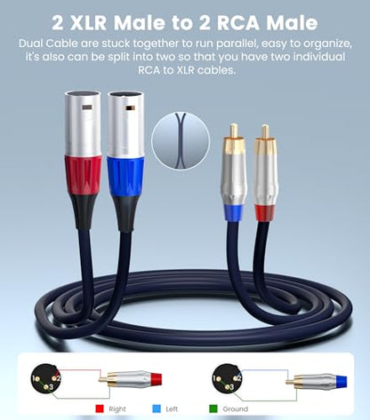 Tisino RCA to XLR Cable, 2 RCA to 2 XLR Male HiFi Cord,4N OFC, 6.6FT/2m | 2 RCA to 2 XLR Male Stereo Audio Interconnect Cable for Mixer/Microphone/Amplifier, Gold-Plated 20AWG OFC Patch Lead Cord - size: 2m