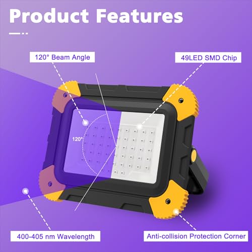 T-SUN 2 Pack Rechargeable Black Lights, Battery Powered Blacklight | 400-405nm Ultraviolet Flood Light for Night Fishing, Neon, Glow Party, Music Party, Body Painting,Fluorescent Poster - size: 40W Black Light-2 Pack