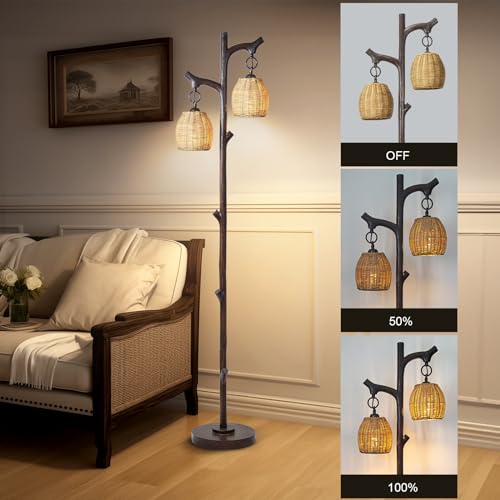 Scenekoy 68" Tall Floor Lamp with Wicker Drum Shade, Foot Switch Dimming - color: Dark Bronze
