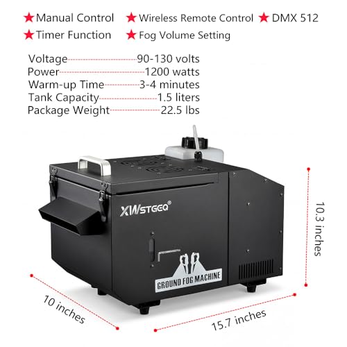 XWSTGEQ 1200W Low Lying Ground Fog Machine DMX512 Wireless Remote Control | Adjustable Fog Output, Anti-Dry Pump Protection, Stainless Steel Tank for Wedding Halloween DJ Stage