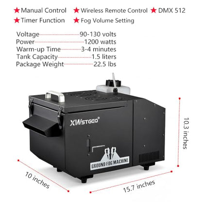 XWSTGEQ 1200W Low Lying Ground Fog Machine DMX512 Wireless Remote Control | Adjustable Fog Output, Anti-Dry Pump Protection, Stainless Steel Tank for Wedding Halloween DJ Stage
