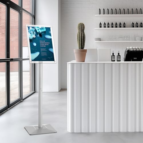 YIYO Sign Stand Poster Stand，adjustable heavy duty pedestal Sign Holder Floor Stand，acrylic frame floor signage standing for display menu11*17 inch，Silver (acrylic frame 11*17 Sliver)