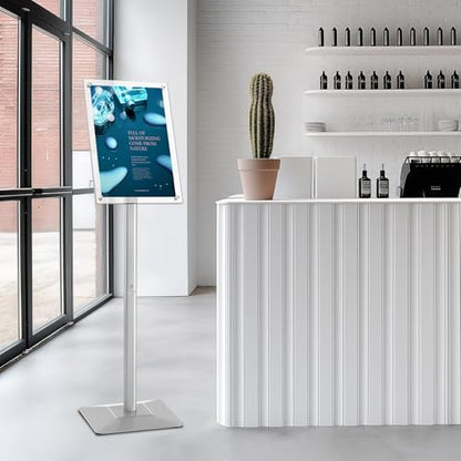 YIYO Sign Stand Poster Stand，adjustable heavy duty pedestal Sign Holder Floor Stand，acrylic frame floor signage standing for display menu11*17 inch，Silver (acrylic frame 11*17 Sliver)