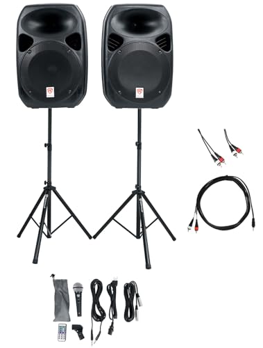 Rockville Karaoke Bundle: RPG122K Dual 12" Powered Speakers, Bluetooth+Mic+Stands, RNRMR10 10' 3.5mm TRS to Dual RCA Cable, RCDR10B 10' Dual RCA Cable for Android/iPhone/Laptop/TV 3-Items