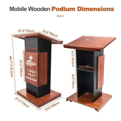 47’’ Mobile Wooden Podium Stand, Rolling Lectern with Storage Shelf, Lockable Casters & Mic Hole Design, Sturdy 15MM Particle Board Pulpit for Church, School, Office (Customized A) - color: Customized a