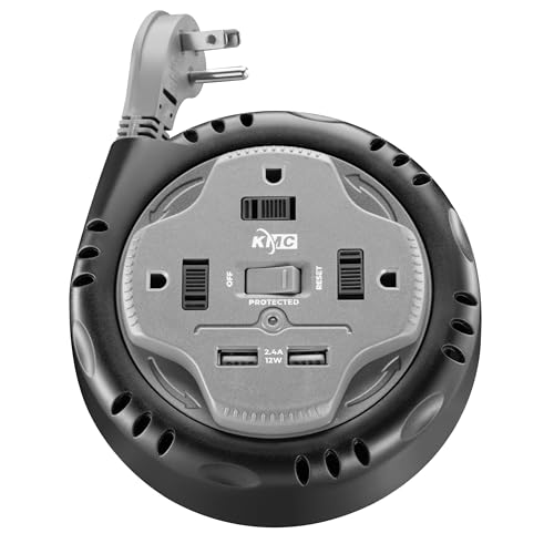 KMC 3-Outlet Surge Twist Cord Reel, 2 USB Ports, Retractable Power Strip Surge Protector, 735J Surge Protection, 5ft Retractable Extension Cord, 3-Prong Low-Profile Flat Plug, UL/ETL Certified, Gray