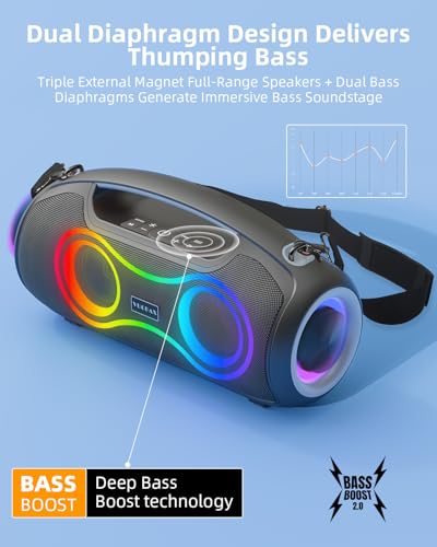 Portable Bluetooth Speaker Wireless, 180W Max Loud Waterproof Speakers, Bass Boost Boom Box for Party and Outdoor, w/2*Subwoofer, 2*Tweeter, DSP, IP65, 24H, TWS, TF, USB, AUX - color: Black-Gray