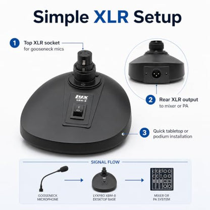 LyxPro XBM-8 XLR Gooseneck Microphone Desktop Base with On Off Switch | Designed to hold compatible podium-style microphones securely on flat surfaces for speaking, meetings and announcements