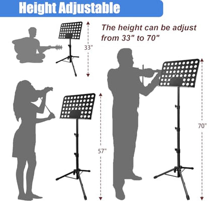 70" Sheet Music Stand with Light & Phone Holder, Portable Music Stand for Sheet Music High Stability, Height Adjustable Music Sheet Stand with Carrying Bag, Music Book Holder（33-70inch - size: 33-70inch