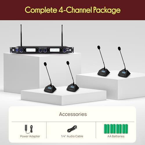 Pyle 4 Channel UHF Wireless Conference Microphone System with 4 Gooseneck Mics, 300 Ft Range, Selectable Frequencies & Rack Mount Receiver for Meetings, Presentations & Events - style: 4 Gooseneck Mics