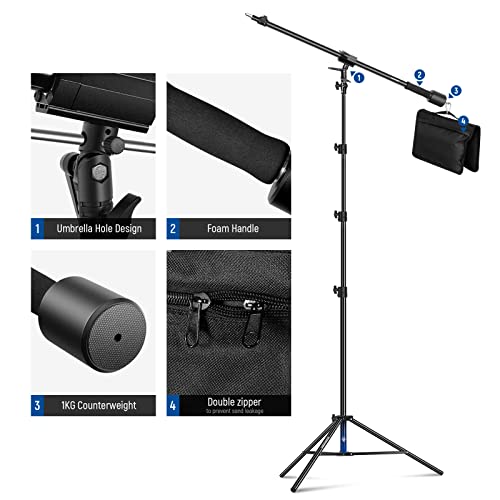 NEEWER Air Cushioned Aluminum Light Stand, 9.8ft/3m Adjustable Photography Stand with Boom Arm, Counterweight, Sandbag, 1/4" Screw for Softbox, Studio Flash, Umbrella, Ring Light, Max Load 5kg - size: 300cm w/Boom Arm