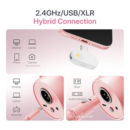 MAONO PD200W Hybrid Wireless Podcast Microphone for PC, Dynamic XLR USB Mic - color: Pink