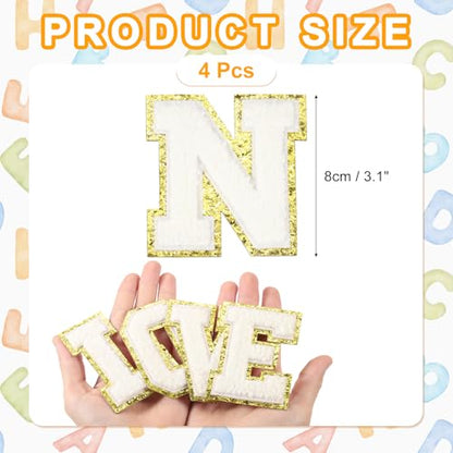 MECCANIXITY Chenille Letter Patches 3.1" Alphabet N Iron on Embroidered Patch Sew on Letter Stickers Applique for Repairing Clothing Jeans Shoes Hats DIY(White, Pack of 4) - style: Letter-N
