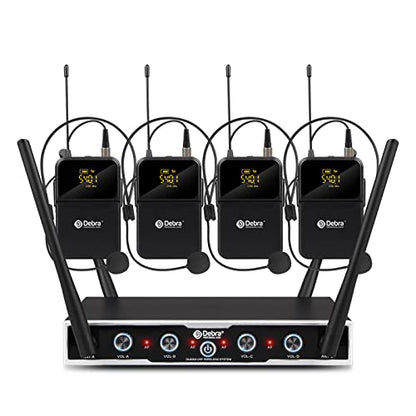 D Debra Audio Pro DU4004 UHF 4 Channel Wireless Microphone System with Lavalier Headset Mics, Ideal for Meeting Church Speech (4 Bodypack) - color: 4 Bodypack