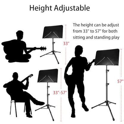 Sheet Music Stand with Light and Phone Holder, 57" Portable Music Stand for Sheet Music High Stability, Height Adjustable Music Stands with Carrying Bag(33-57inch, Plate without hole) - size: 33inch-57inch, Plate