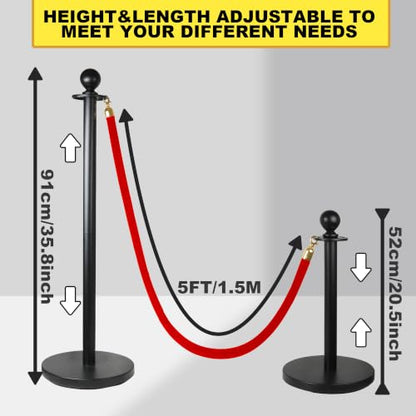 4 Pack Stanchions Post with Velvet Rope, Metal Posts with Weighted Base, Heavy Duty Crowd Control Barriers & Poles for Red Carpet, Movie Theater, Event, Party Supplies, Red - color: Metal-Red (Upgraded)