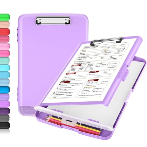 Sooez Clipboard with Storage, Clip Board 8.5 x 11 with Pen Holder, Plastic Organization Case Box for Letter Legal A4 Size Paper, Low Profile Clip, Nurses Teachers Must Haves, School & Office Supplies - color: Lavender Purple