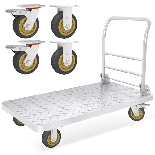 2600lbs Heavy Duty Platform Truck with Brake System (24" x 48") | Push Cart Dolly Foldable Flatbed Cart with 5'' Swivel Wheels Large Steel Platform Dolly Cart for Groceries, Garage, Warehouse - color: Silver - 48"x24" - 2600 Lbs