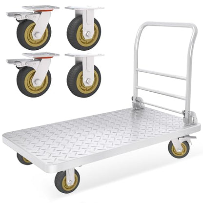 2600lbs Heavy Duty Platform Truck with Brake System (24" x 48") | Push Cart Dolly Foldable Flatbed Cart with 5'' Swivel Wheels Large Steel Platform Dolly Cart for Groceries, Garage, Warehouse - color: Silver - 48"x24" - 2600 Lbs