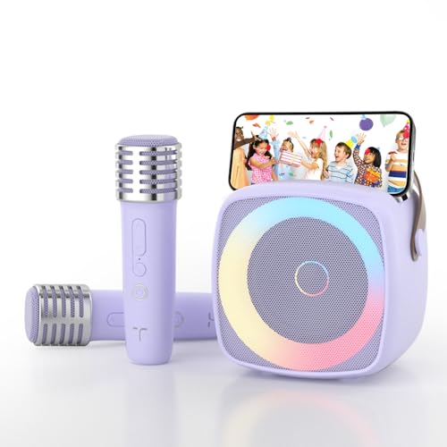 Voice Changer Karaoke Machine with 2 Microphones, Wireless Bluetooth Speaker for Home Party, Portable Mic Set for Kids Adults, Dynamic Lights & Phone Holder - color: Purple