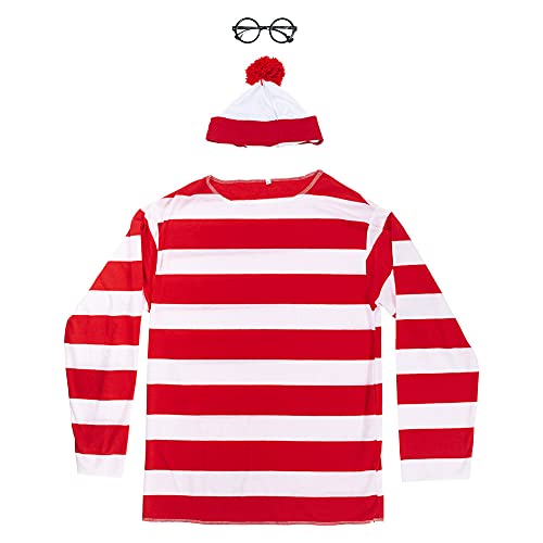 Red White Striped Shirt Costume for Men Halloween Hat Glasses Adult | Halloween Knit Beanie Hat Black Glasses Accessories Adult Carnival Anime Outfit Men - size: X-Large