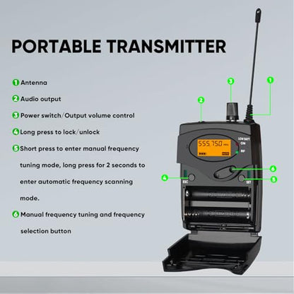 Wireless in Ear Monitor System, Mono IEM System with Metal Rackmount Transmitter, 4 Pack UHF Bodypack Receivers w/Earphones, 100 Adjustable Frequencies, 262ft Range for Singers Bands - size: 4 Bodypacks
