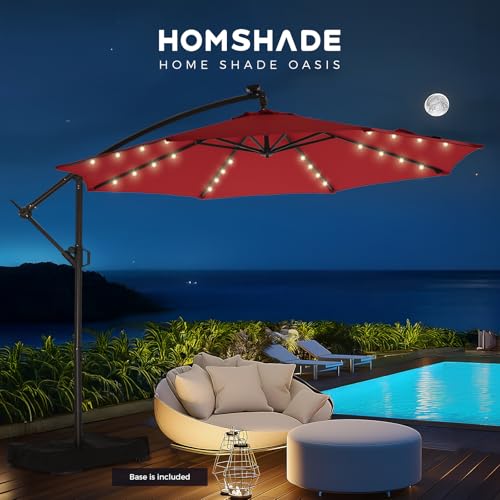 10FT Solar LED Cantilever Patio Umbrella with Base Included, Red | Premium 220GSM Solution-Dyed Fabric, 5-Year Fade-Resistant, 30 MPH Windproof, 45° Infinite Tilt and Crank for Outdoor Pool - color: Red