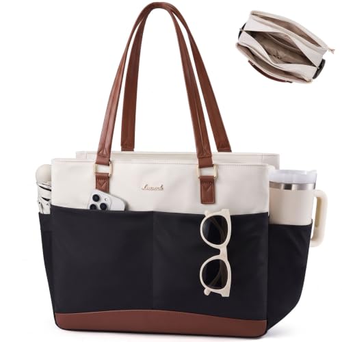 LOVEVOOK Laptop Tote Bag for Women with 40oz Large Cup Holder - color: Black-white-brown, size: 15.6 Inch