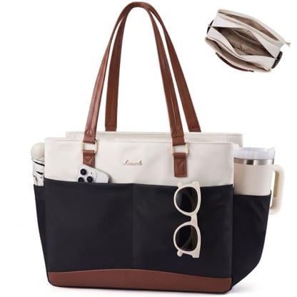 LOVEVOOK Laptop Tote Bag for Women with 40oz Large Cup Holder - color: Black-white-brown, size: 15.6 Inch