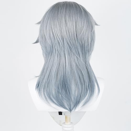 Anime Gray Blue Wig Fantasy Western Priest, Angel Style Halloween | Men Long Straight Wig Layered Haircut Christmas,Comic con Heat Resistant Fiber Wig Breathable Rose Mesh Inner Free Cap - color: Gray