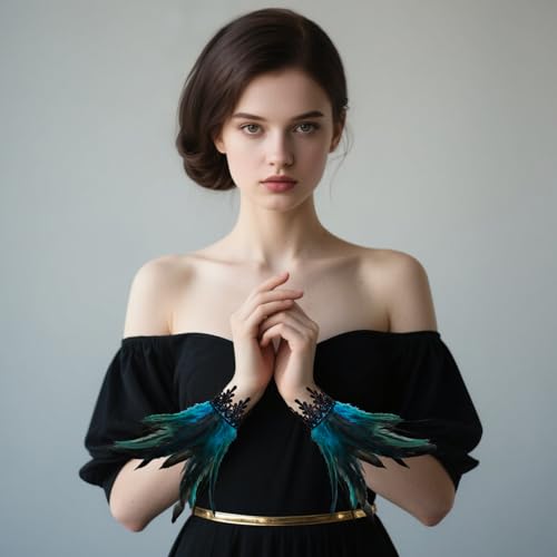 2Pcs Witch Feather Shawl Wrist Cuff for Women | Gothic Crow Shrug Shawl, for Halloween, Feather Costume Accessories - color: Blue