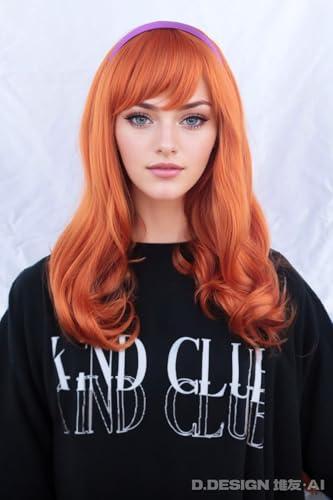 Long Curly Orange Daphne Wig Halloween Costume Party Wig for Adult (Free Purple Headband) - color: Orange