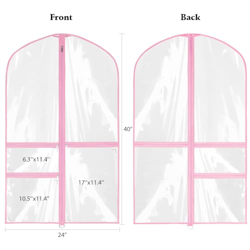 40 Inch Clear Garment Bags for Dance Costumes, 6 Pack, Pink | Dance garment bags for Dancers, 3 Zipper Pocket, Foldable Garment Bags for Hanging Clothes, Competitions & Travel - color: Clear Pink
