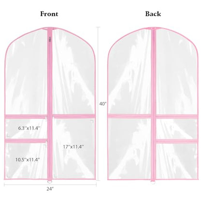 40 Inch Clear Garment Bags for Dance Costumes, 6 Pack, Pink | Dance garment bags for Dancers, 3 Zipper Pocket, Foldable Garment Bags for Hanging Clothes, Competitions & Travel - color: Clear Pink