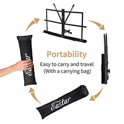 Eastar ESMF-3 Tabletop Music Stand for Sheet Music (Black) | Table Top Desktop Book Stand Folding Portable Sheet Music Stand Adjustable Travel Music Holder Lightweight with Carrying Bag
