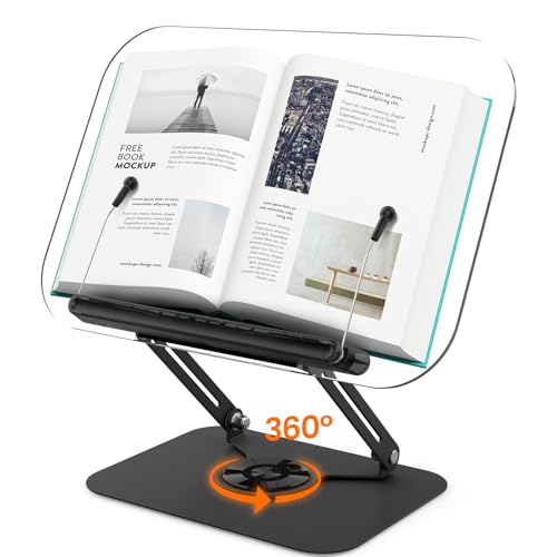 BYMECOST Acrylic Book Stand for Reading, Adjustable Book Holder,Black | Foldable Desktop Riser Stand with 360° Rotating Base & Elastic Page Clips, for Cookbook,Laptop,Tablet,Music Scores,Textbook - color: Black