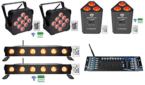 Rockville Best PAR 60 Bundle: (2) Rechargeable Par Can Wash Lights, (2) RockWedge LED RGBWA UV Par Lights, (2) Best Strip 60 Rechargeable Wash Bars, ROCKFORCE W2 DMX Lighting Controller, 7-Items