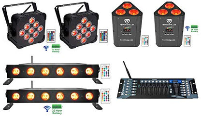 Rockville Best PAR 60 Bundle: (2) Rechargeable Par Can Wash Lights, (2) RockWedge LED RGBWA UV Par Lights, (2) Best Strip 60 Rechargeable Wash Bars, ROCKFORCE W2 DMX Lighting Controller, 7-Items