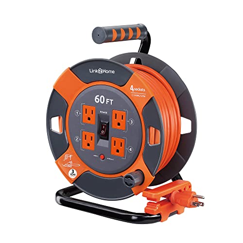 Link2Home 60 Ft. Extension Cord Reel, 4 Power Outlets, 14 AWG SJTW | Heavy-duty cable, high-visibility jacket, ideal for job sites and garages - size: 60 feet