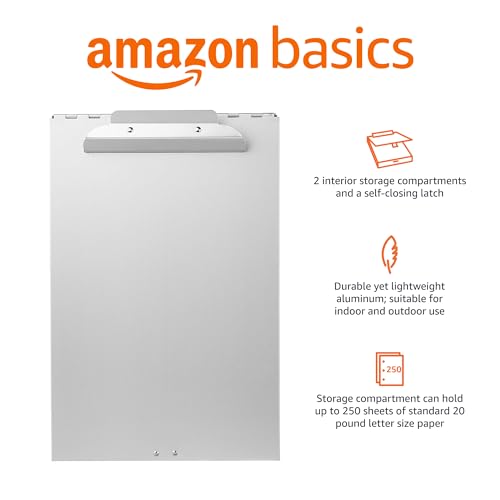 Amazon Basics Metal Clipboard with 2 Storage Compartments, Letter Size, 250 Sheet Capacity, Office Supplies with Self-Closing Latch, 14.1 x 9.2 x 2.6 inches, Silver