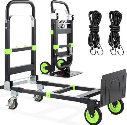 3-in-1 Folding Hand Truck, 600lb Convertible 4 to 2 Wheel Dolly Cart Green | For home office warehouse garage farm gym, carbon steel frame, base expands 35-44in, swivel rubber wheels, folds flat - color: Green