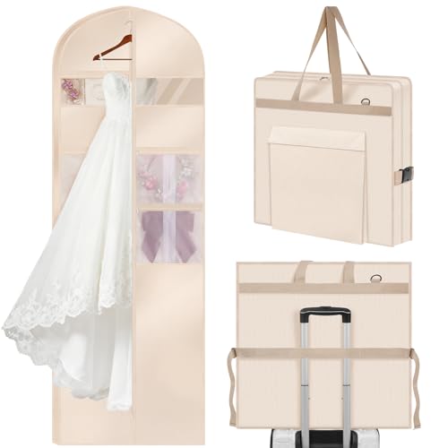 Upgraded Version 65" Wedding Dress Garment Bag Dress Bags for Gowns Bridal Dress Travel Bag with 12”Gusseted and Accessory Pockets for Wedding Dress, Puffy Gowns, Equipped with Shoulder Straps - size: 24 X 65 inch