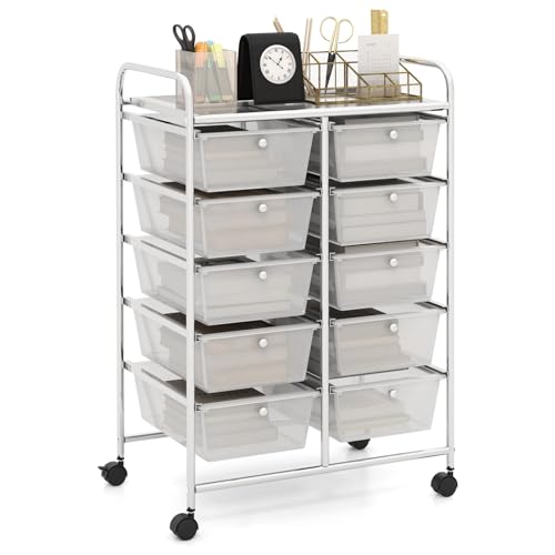 HAPPYGRILL 10-Drawer Rolling Storage Cart, Storage Organizer Cart with Lockable Wheels, Beauty Salon Movable Utility Cart for School, Office, Home, (Clear) - color: Clear, size: 10 Drawer