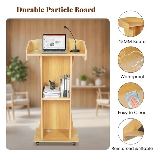 Podium Stand with Metal Wheels Wooden Lectern Podium Stand Portable Pulpit Standing with Storage Mobile Reception Podiums Desk for Church Office School Conference Restaurant Meeting,Oak - color: Wood