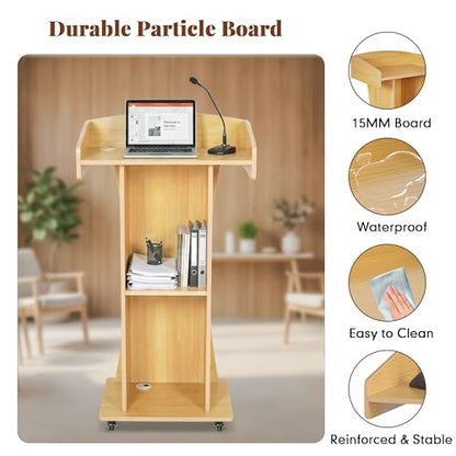 Podium Stand with Metal Wheels Wooden Lectern Podium Stand Portable Pulpit Standing with Storage Mobile Reception Podiums Desk for Church Office School Conference Restaurant Meeting,Oak - color: Wood