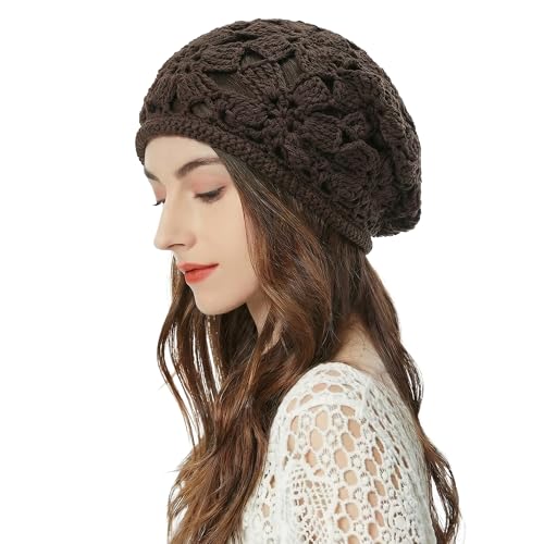 ZLYC Women Cotton Crochet Slouchy Beanie Hat Handmade Knit Summer Skull Cap | Lightweight breathable,boho casual chic look,travel photos festival party,café commute daily wear,beach concert gathering - color: Crochet Brown
