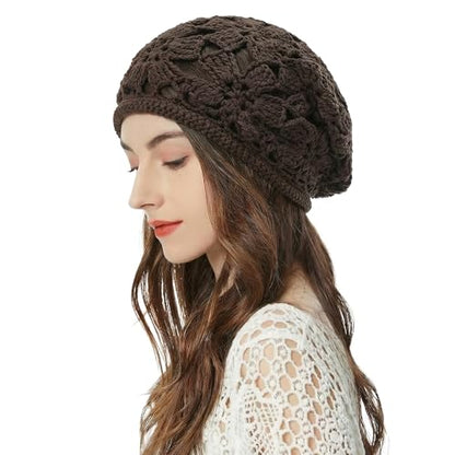 ZLYC Women Cotton Crochet Slouchy Beanie Hat Handmade Knit Summer Skull Cap | Lightweight breathable,boho casual chic look,travel photos festival party,café commute daily wear,beach concert gathering - color: Crochet Brown