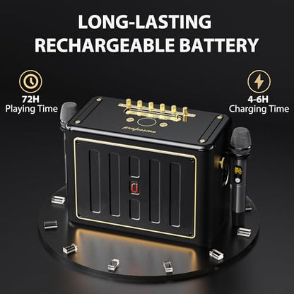JYX Karaoke Machine with 2 Wireless Microphones, Portable Bluetooth Singing PA System Bass/Treble Adjustment, Supports TV Connetion/Bluetooth/USB/TF/AUX for Home Party - color: Gold